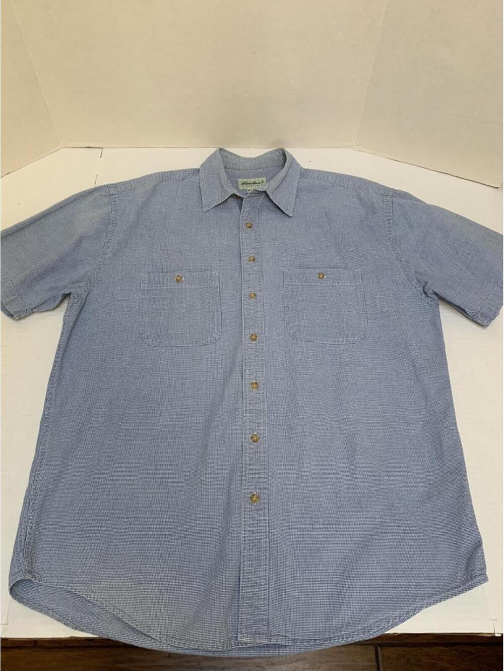 Eddie Bauer Mens Size L Ultra Tall Vintage Cursive Label Blue Short Sleeve Shirt